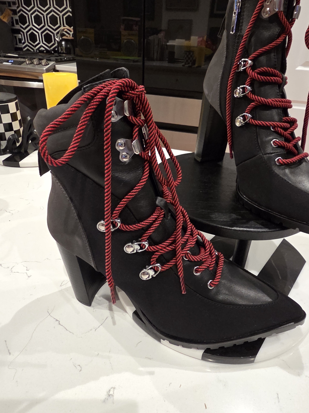 Steve Madden Black Heeled Ankle Boots with Red Rope Laces